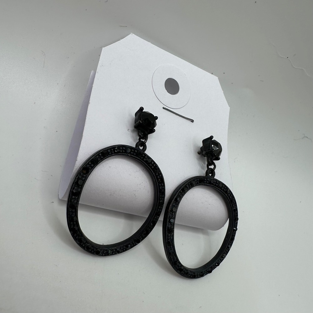Gunmetal Black Rhinestone Hoop Earrings Goth Statement Drop Dangle Dark Academia